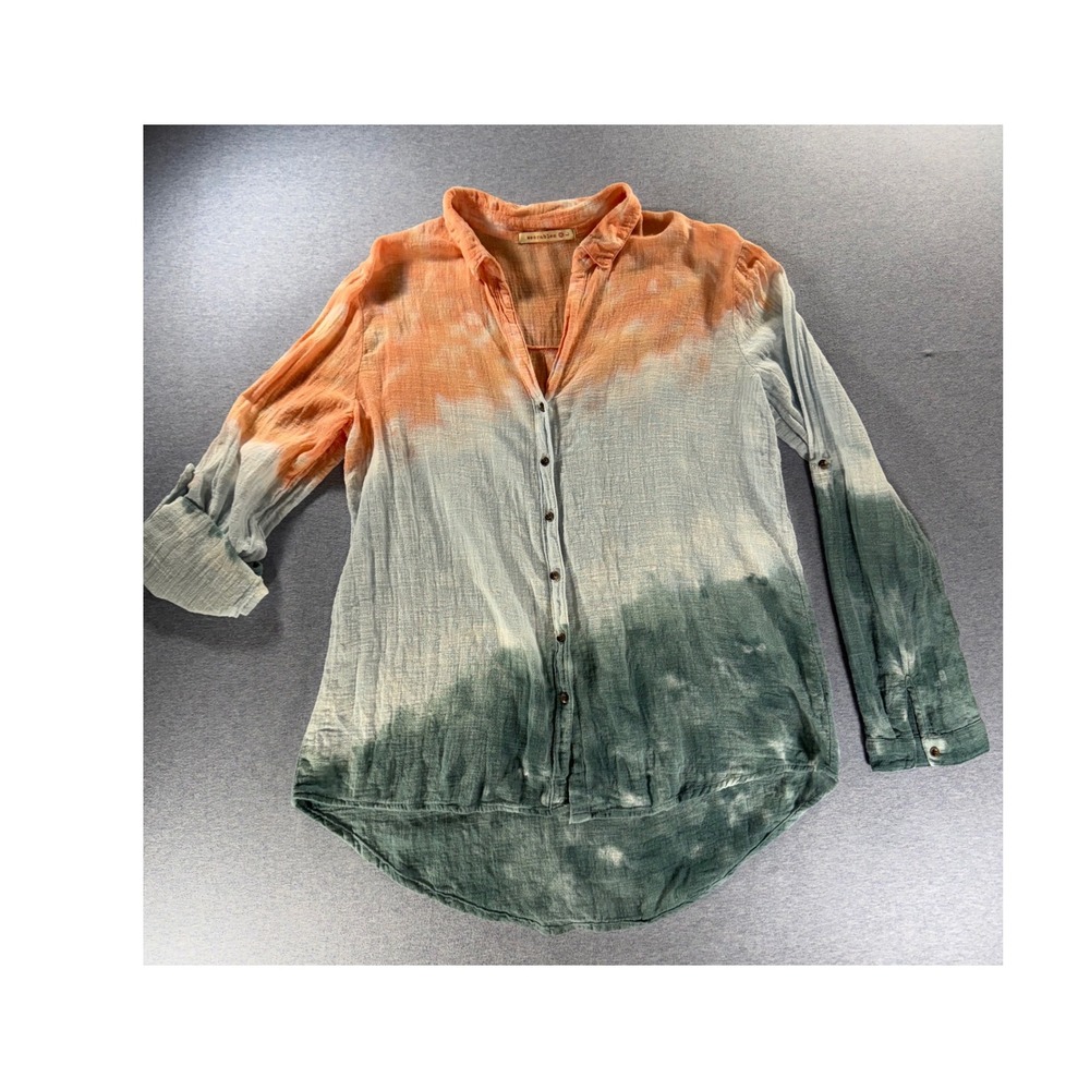 Wearables by Effies Heart Tie Dye Cotton Gauze Roll Tab Shirt Orange Green L